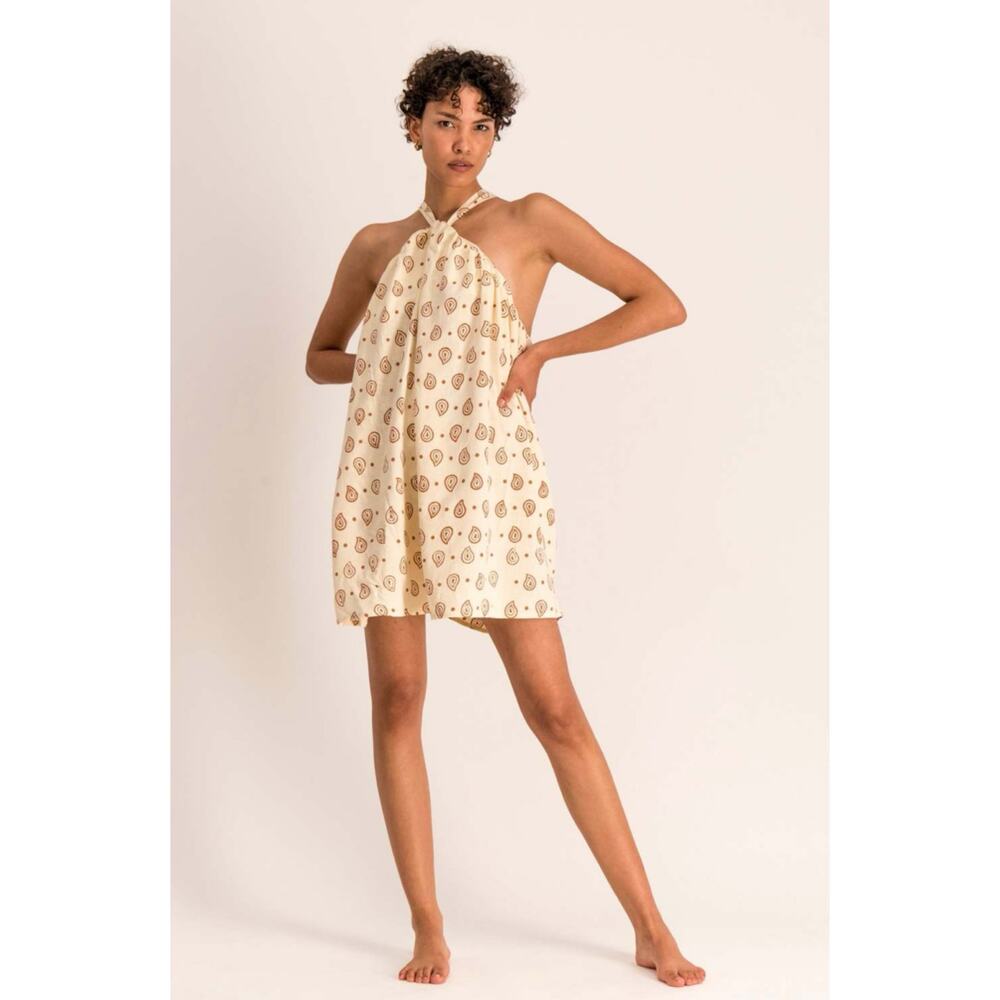 Cloe Cassandro Jeanie Linen Modal Ecru Paisley Halter Mini Dress S NWT $219